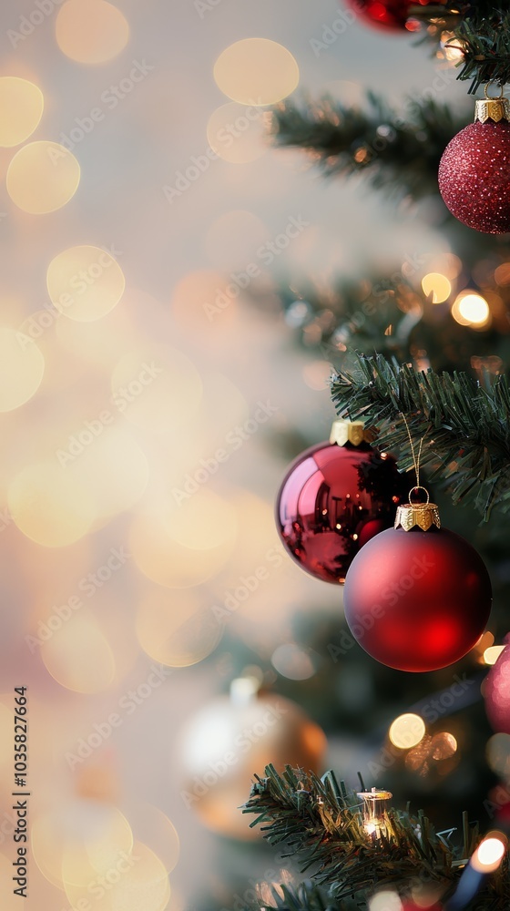 Poster close-up of christmas tree with red and gold baubles against a bokeh light background. elegant decor