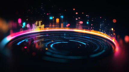 Floating timeline hologram, vibrant colors, cosmic backdrop, digital effect