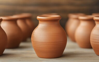 Clay pot on wooden surface, rustic background for cultural themes.
