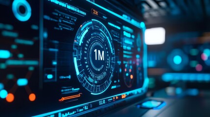 Holographic time dashboard, rotating symbols, sci-fi room, blue glow