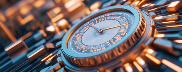 Fototapeta premium Holographic time data, futuristic cityscape, metallic accents