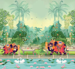 Fototapeta premium Mughal decorative garden with elephant and peacock wedding invitation frame illustration