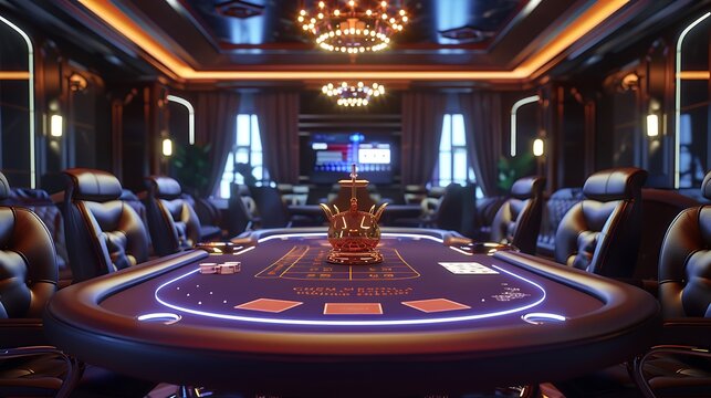 A luxurious casino interior featuring a poker table and elegant decor.