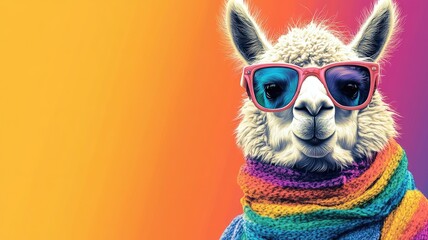 Obraz premium Vibrant alpaca wearing a rainbow scarf and sunglasses against a colorful background.