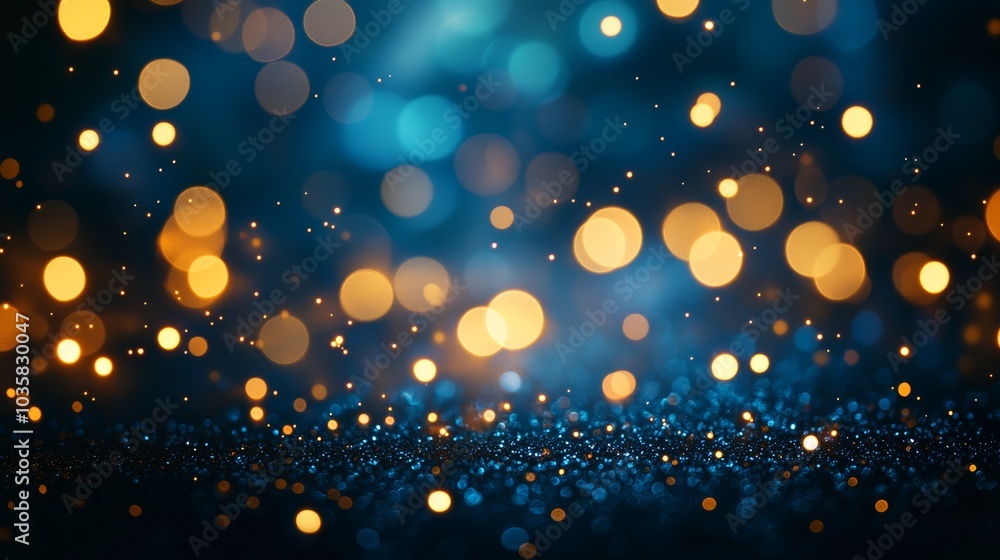 Poster golden glowing bokeh with scattered lights on a dark background. great for christmas and new year ce