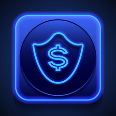 Protection, dollar simple icon vector. Flat design. Blue neon style on button. With shadow