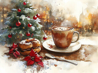 watercolor illustration of a cup of hot chocolate with biscuits on a wooden table among Christmas decorations