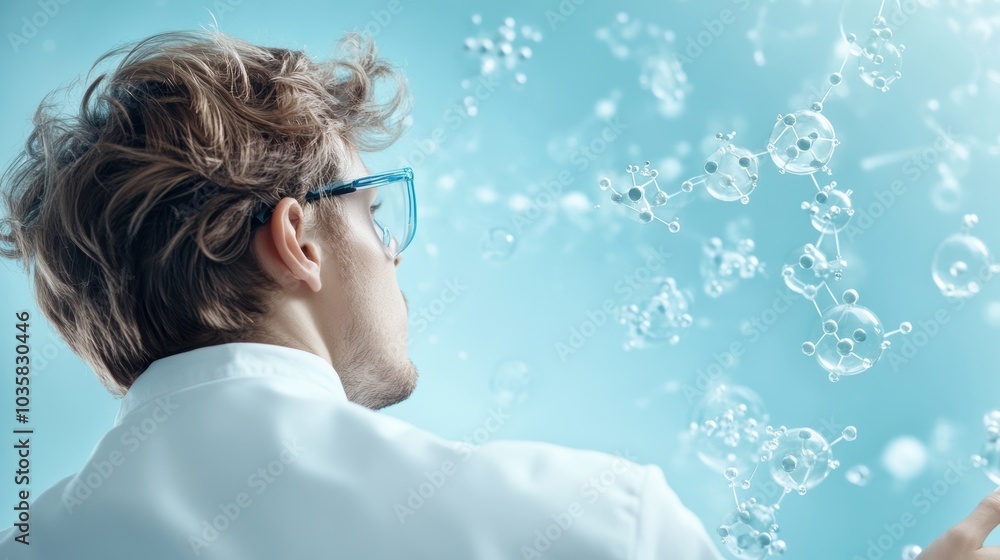 Poster a whiteboard with a chemical synthesis scheme written on it, with a scientist explaining the steps a