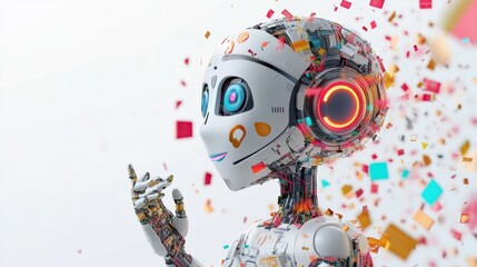 AI concept in 3D with robot and digital icons, futuristic style, isolated on white background