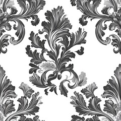 Stylized floral damask pattern with ornate detailing in a repeating design