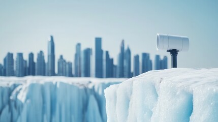 Crisp view of ice formations with city skyline in the background.