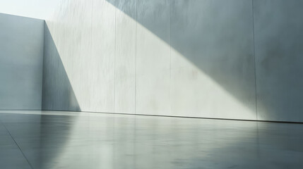 Obraz premium large empty white wall casts smooth shadow on polished floor, creating serene and minimalist atmosphere. light and shadow interplay adds depth to scene