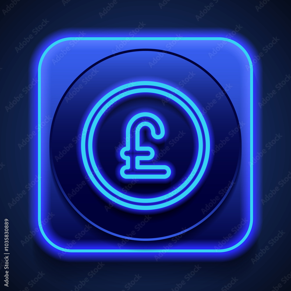 Poster pound coin simple icon vector. flat design. blue neon style on button. with shadow