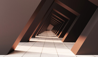 Empty corridor with many square arches in perspective view. Abstract architecture. Arch. Interior design. Step forward. Philosophical classic. Illuminated corridor. 3D illustration.