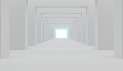 Fototapeta premium Empty corridor with many square arches in perspective view. Abstract architecture. Arch. Interior design. Step forward. Philosophical classic. Illuminated corridor. 3D illustration.