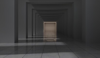 Empty corridor with many square arches in perspective view. Abstract architecture. Arch. Interior design. Step forward. Philosophical classic. Illuminated corridor. 3D illustration.