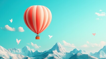 Obraz premium A hot air balloon floating over a mountain range, with illustrations of travel, adventure, and the journey of exploration surrounding it.