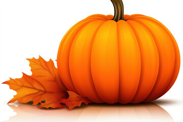 Vibrant orange pumpkin beside autumn leaves on a reflective surface