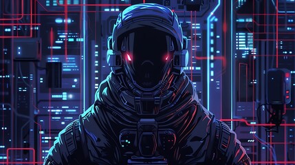 A futuristic figure in a high-tech suit against a backdrop of glowing circuitry and digital elements.