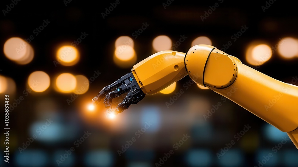 Aufkleber a robotic arm in a smart factory processing data instantly, blurred background machinery providing r