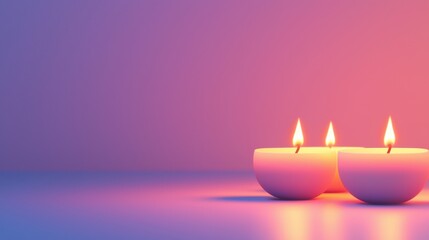 Three lit candles on a smooth surface with colorful light background.