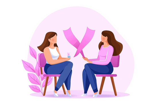 Two women having a heartfelt conversation while seated on chairs in a cozy pink setting