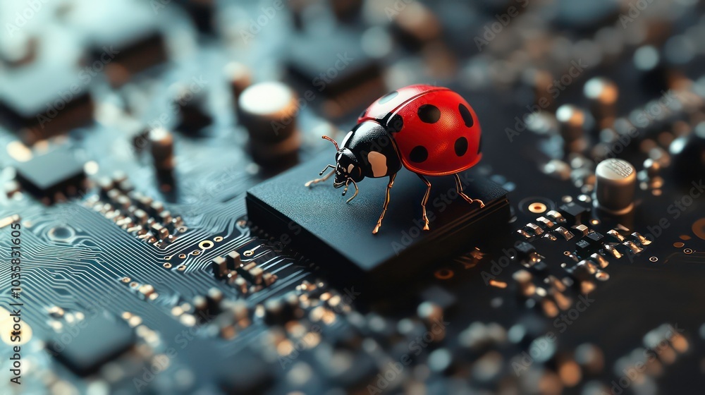Aufkleber a ladybug sits on a computer chip, symbolizing the fragility of technology.