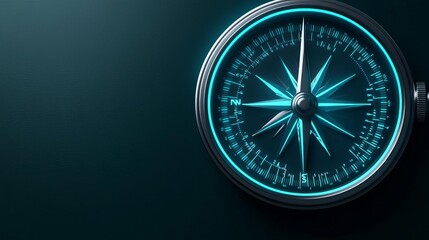 Quantum time compass, rotating symbols, dark background, neon blue