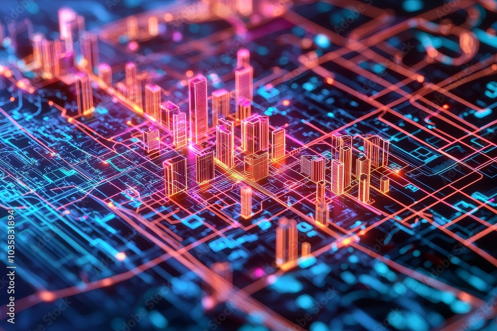 Poster description a vibrant digital landscape with colorful data visualizations resembling city structures