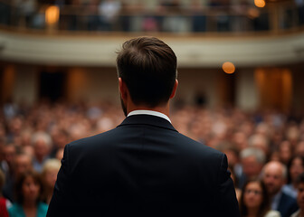 Fototapeta premium A man speaks at a crowded event behind an attentive crowd of listeners.