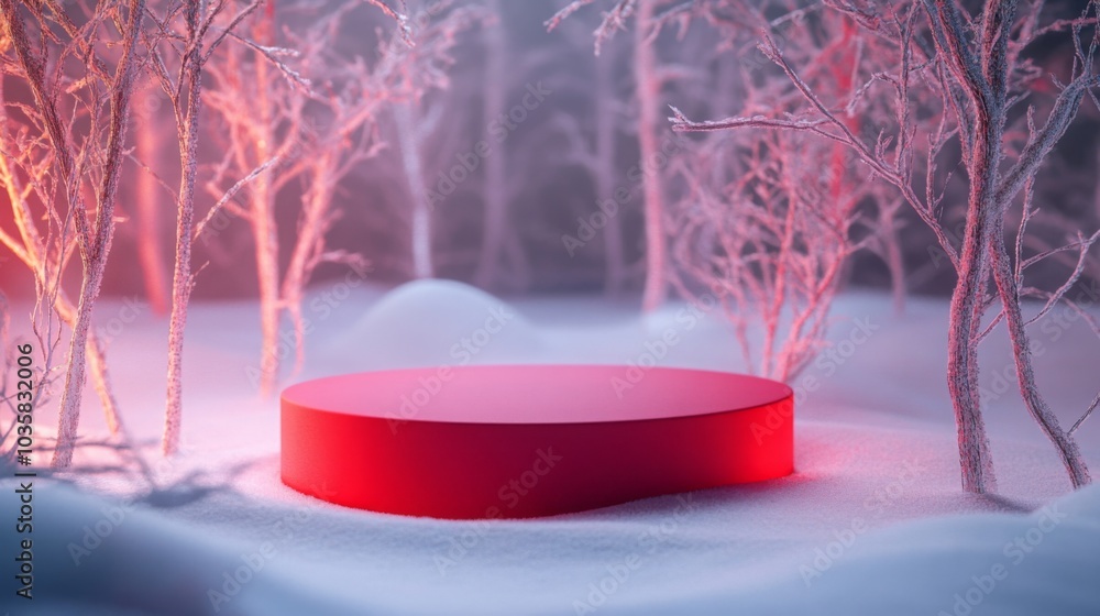 Poster In a tranquil winter setting, a bright red circular platform emerges from a blanket of pristine snow, surrounded by frosted trees. The soft twilight creates a magical, serene atmosphere.