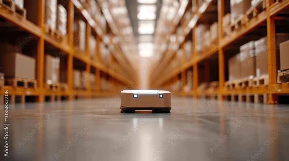 Aufkleber an autonomous robot processing real-time data in a warehouse, with a blurred shelving system in the 