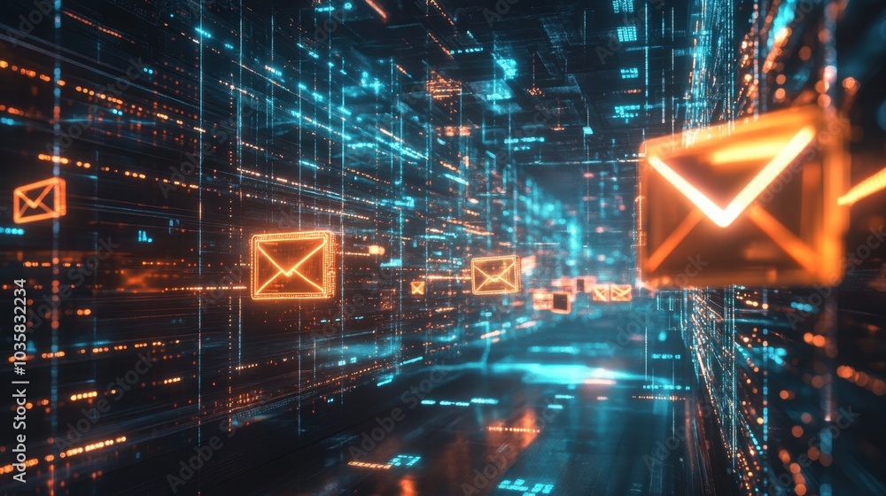 Poster floating digital mailboxes in a cyber world, surrounded by glowing data streams and network patterns
