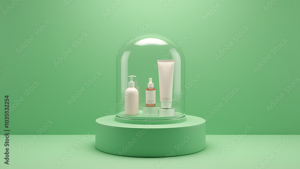 Poster a minimalist scene features a cylinder podium on a green background showcasing cosmetic products in 
