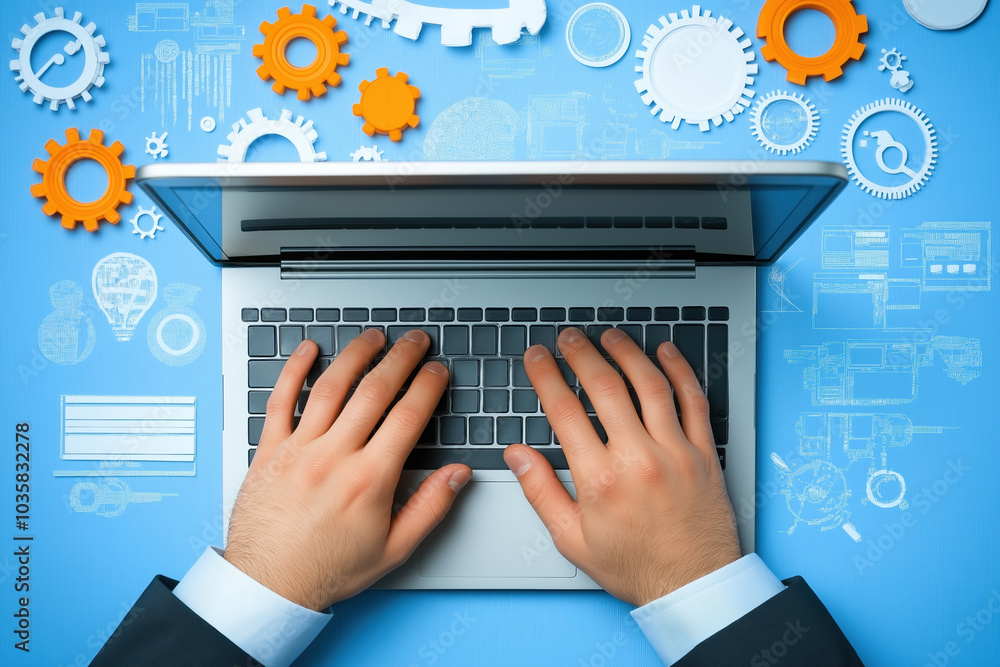 Poster hands typing on a laptop surrounded by gears and design elements in a bright workspace