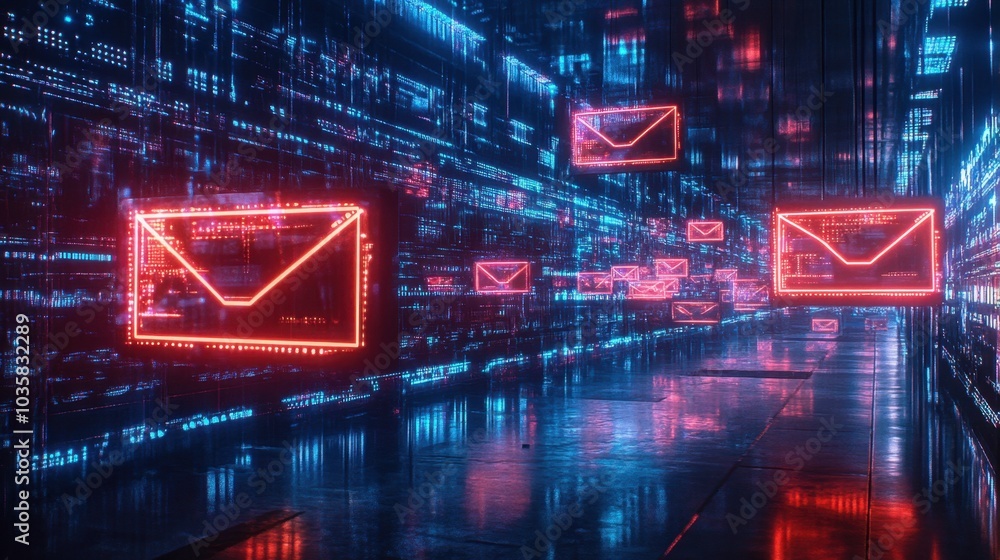 Poster floating digital mailboxes in a cyber world, surrounded by glowing data streams and network patterns