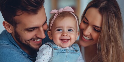 A joyful family enjoys a heartfelt moment with their smiling baby, capturing love and happiness in a cozy home setting.