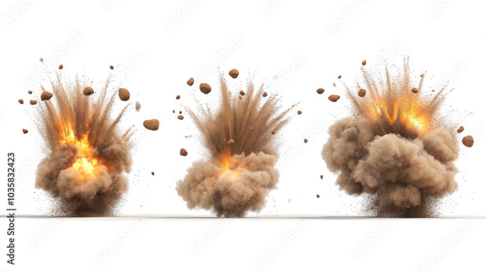 Poster dry earth explosions sending up smoke clouds against a clear backdrop generative ai