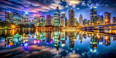 Obraz premium Stunning Night Cityscape: Illuminated Urban Skyline with Vibrant Lights and Starry Sky