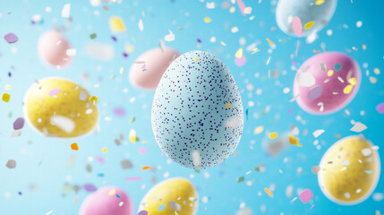 Fototapeta premium Colorful Easter Eggs with Confetti on Blue Background