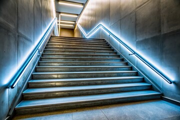 Fototapeta premium Stunning Night Photography of Illuminated Blue Neon Stairs in a Dark Room