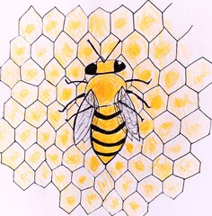 Honey Bee on honeycomb. Child Pencil hand drawing
