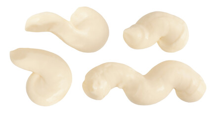 Mayonnaise smears isolated on white. Mayonnaise drops and splash set. Wavy lines of mayo sauce Top view. Flat lay.