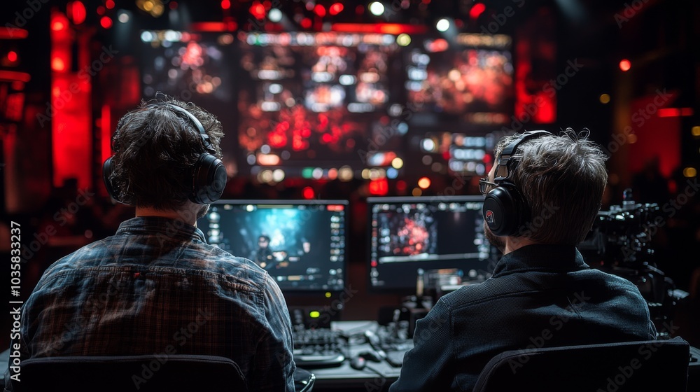Poster two gamers focus intently on their screens during an esports competition, surrounded by colorful lig