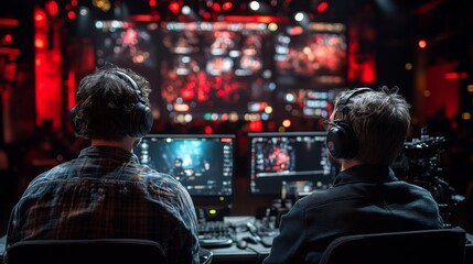 Obraz premium Two gamers focus intently on their screens during an eSports competition, surrounded by colorful lighting and a cheering crowd, creating an electrifying atmosphere.