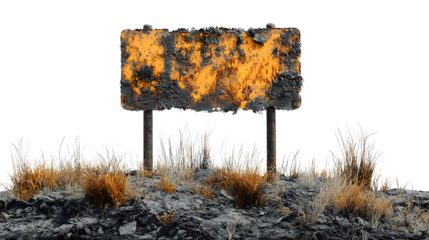 Weathered Sign on Overgrown Terrain