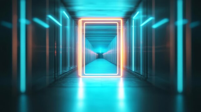 Temporal doorway, glowing outline, futuristic hallway, blue light
