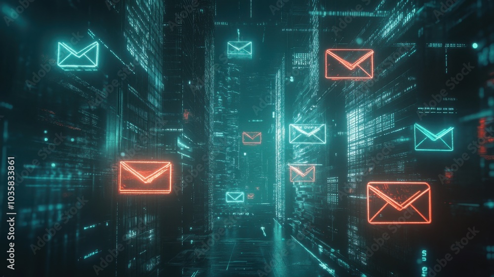 Poster glowing digital mailbox icons floating in cyberspace, surrounded by data streams and digital effects