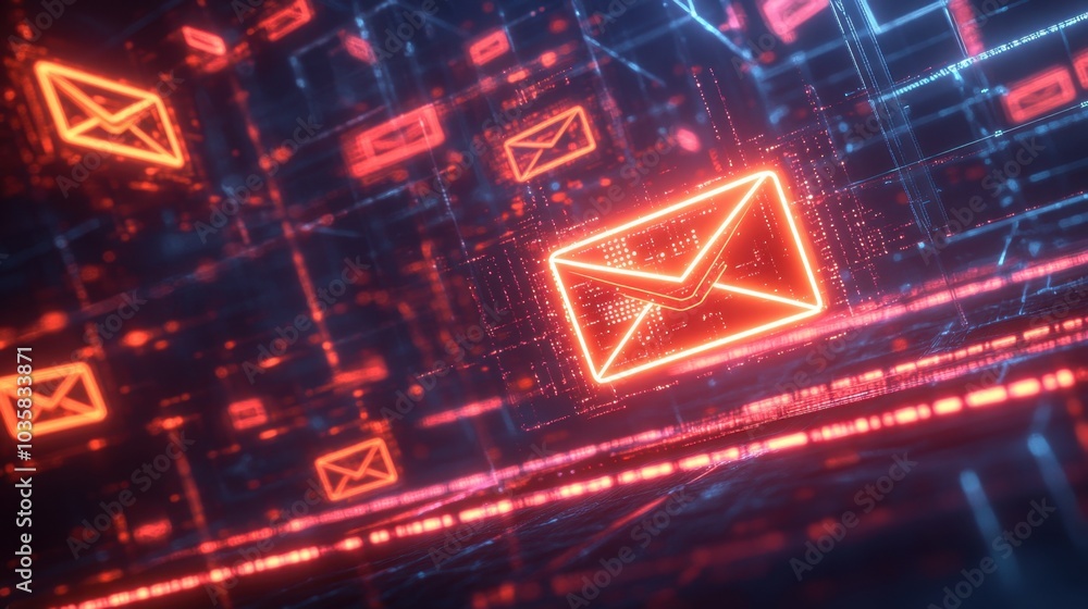 Poster glowing digital mailbox icons floating in cyberspace, surrounded by data streams and digital effects