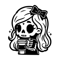 Cute vector illustration of a cute skeleton themed girl holding a coffee cup, adorned with a bow, blending spooky and cozy elements.